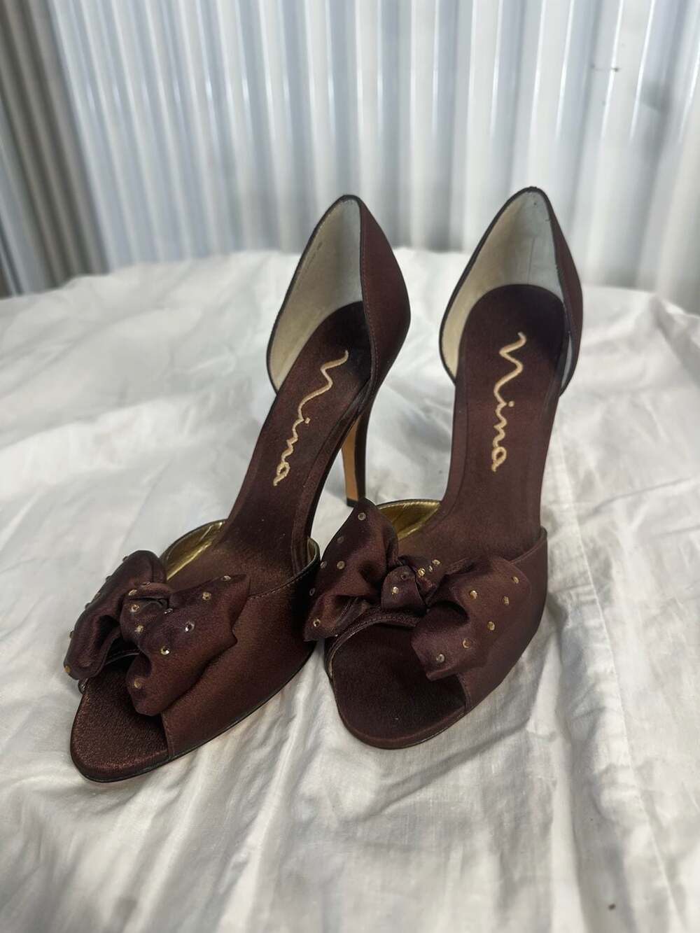 Nina Brown Satin Bow Peep Toe Stiletto Heels Size 8.5M